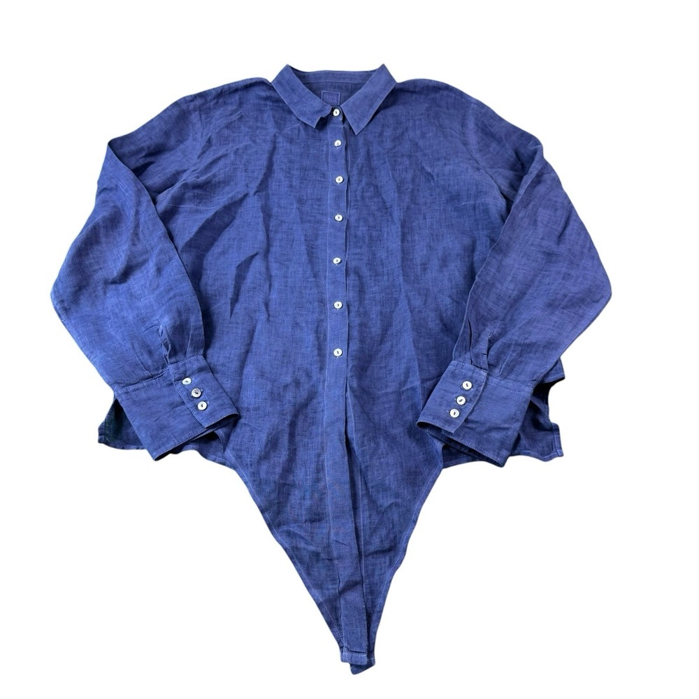 120% Lino Women's Deep‎ Blue Pure Linen Womens Button Front Eu Size 48 Mint